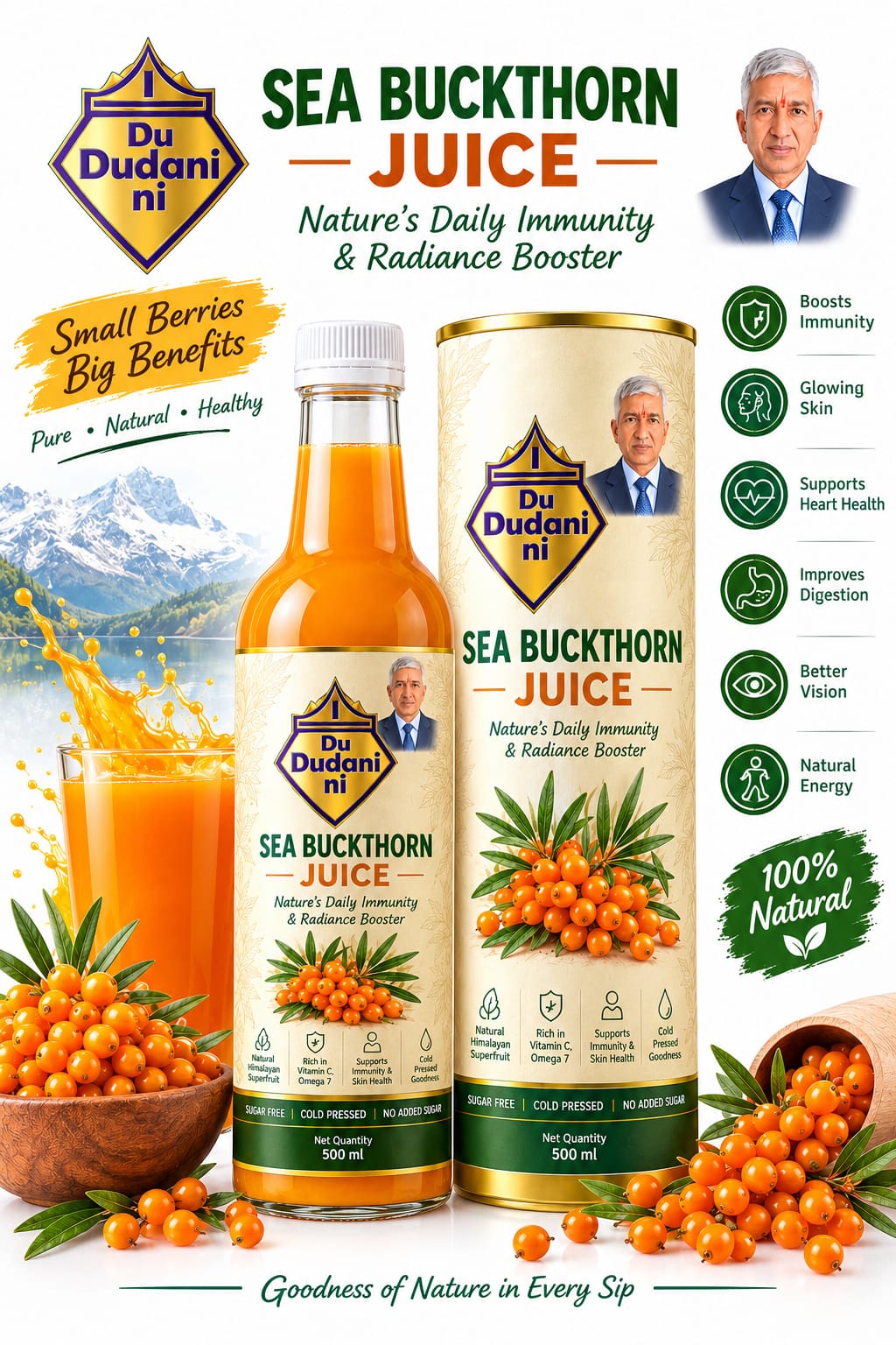 Dudani Premium Himalayan Sea Buckthorn Juice (500ml) - Cold Pressed & Sugar-Free