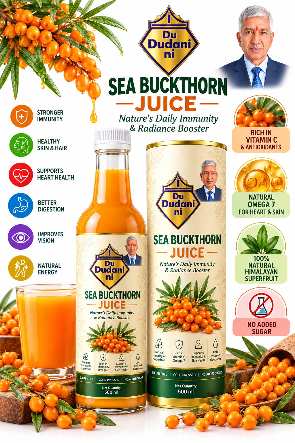 Dudani Premium Himalayan Sea Buckthorn Juice (500ml) - Cold Pressed & Sugar-Free